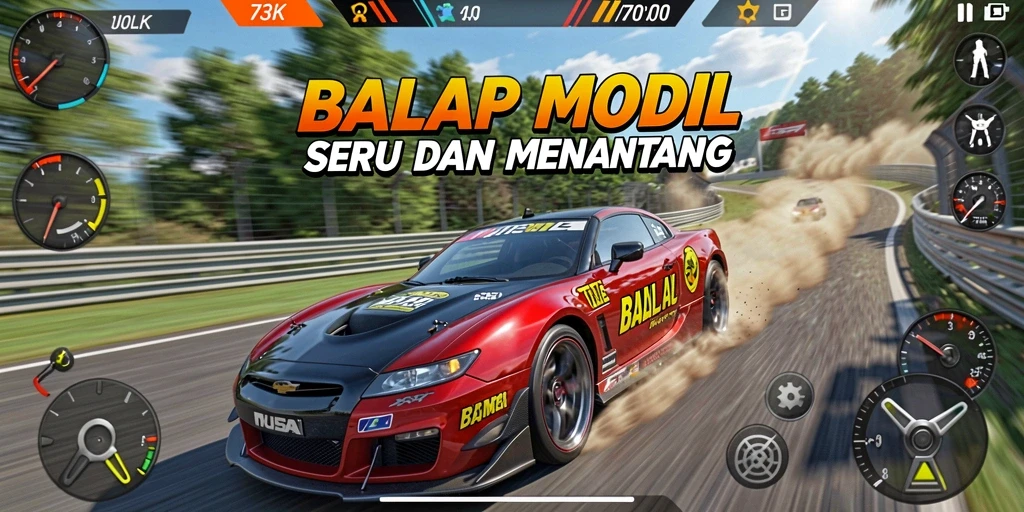 Screenshot gameplay 73K menampilkan balapan yang seru dan mobil yang keren.
