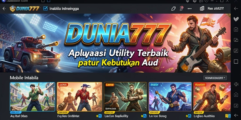 Tampilan utama aplikasi DUNIA777 yang menampilkan berbagai fitur Utility.