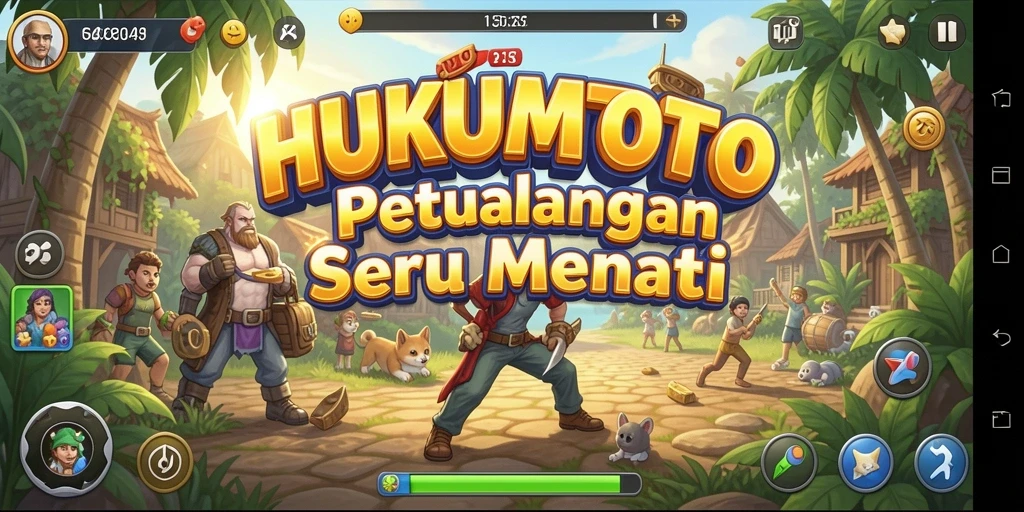 Screenshot HUKUMTOTO menampilkan aksi petualangan seru dan lingkungan yang indah.