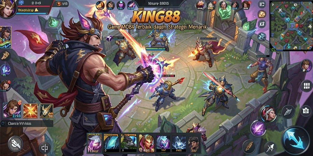 Screenshot gameplay KING88 yang menonjolkan aksi seru dalam pertarungan MOBA.