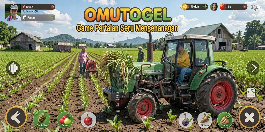 Screenshot gameplay OMUTOGEL yang menunjukkan aktivitas bertani yang seru.