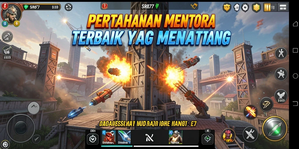 Screenshot gameplay menantang dari SR877 yang menunjukkan strategi Tower Defense.