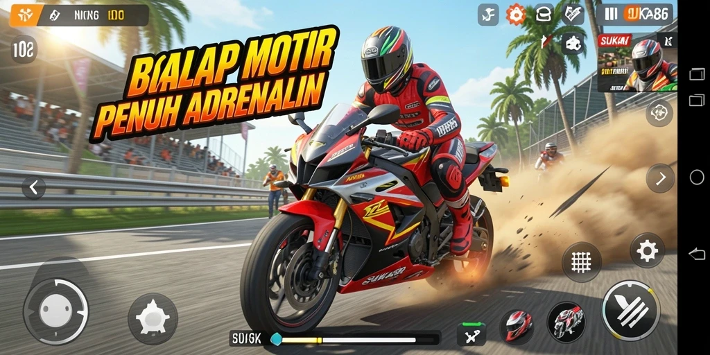 Gameplay balap motor yang mendebarkan dan penuh aksi.