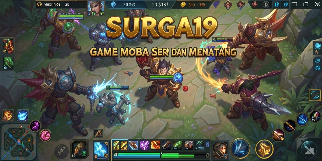 Tampilan gameplay seru dalam SURGA19 dengan pertempuran MOBA yang intens.