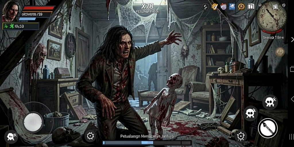Tampilan menakutkan dari gameplay X78 saat menghadapi makhluk misterius.